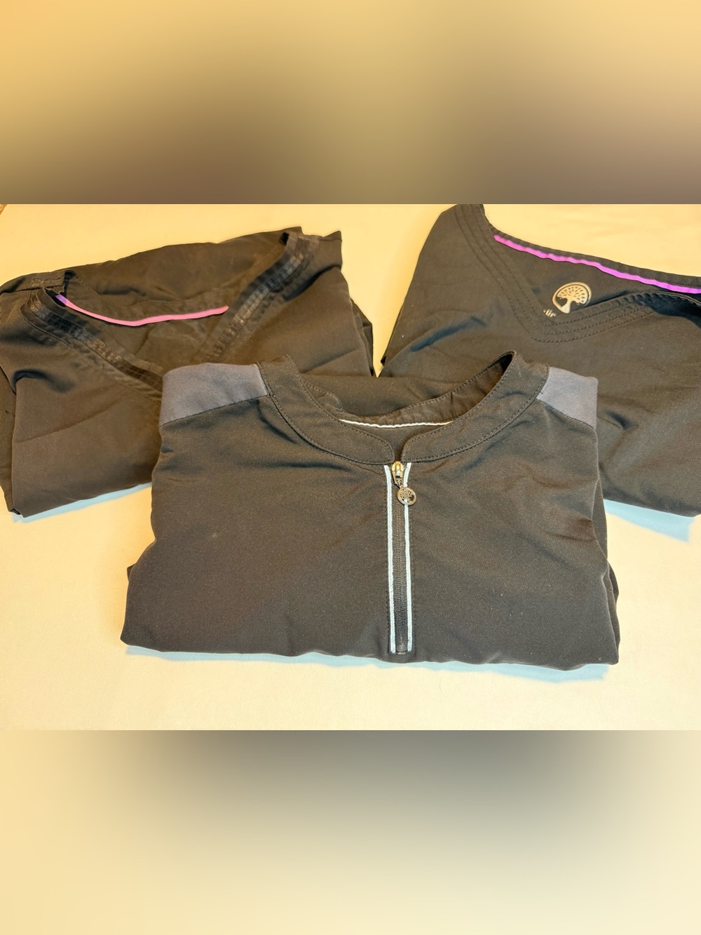 Set of 3 - healing hands Black Scrub Tops. Flaws shown in photos. Size Large